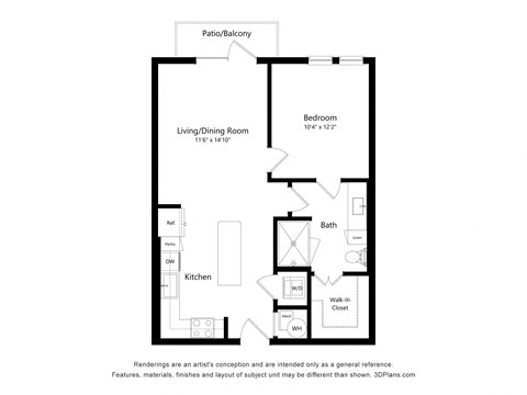 Floor plan for 1 bed, 1 bath, 753 sqft